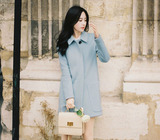 66反季特价韩国2015冬装女羊毛呢大衣女中长款蓝色宽松大口袋外套