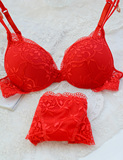 法国bra欧美深V舒适性感透气红色蕾丝胸罩 聚拢女士内衣文胸套装
