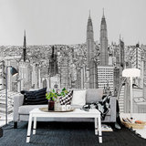 艾加美图墙纸壁画壁纸沙发背景墙简约现代黑白素描城市线稿双子塔