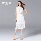 LUXLEAD洛诗琳2016夏装新品白色蕾丝无袖性感修身中长款A字连衣裙