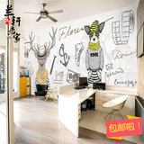 欧式抽象动物墙纸大型壁画麋鹿斑马服装店背景墙 咖啡厅酒吧壁纸