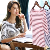 2016早秋新款韩版女装修身纯棉中袖七分袖一字领t恤黑白横条纹T恤