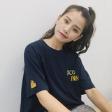 韩版chic学院风字母刺绣TACO INN汉堡包短袖短款T恤女
