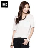 H:CONNECT韩版潮 女装纯色宽松圆领短袖T恤 中长款上衣前短后长夏