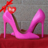 2015新款韩版玫红色漆皮尖头高跟鞋黄色粉色浅口细跟女单鞋公主鞋