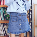 LRUD2015秋季新款韩版高腰双口袋牛仔半身裙女单排扣修身A字裙