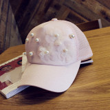 棒球帽女韩版夏季甜美可爱珍珠花朵网眼透气鸭舌帽逛街出游遮阳帽