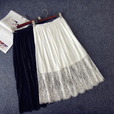 2015秋冬新款韩国进口条纹蕾丝气质唯美全蕾丝中长半身裙半身长裙