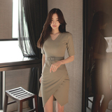 2016新款韩版时尚女装性感修身显瘦中袖中长款不规则包臀连衣裙潮