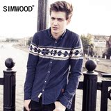 Simwood男装春季欧美风印花衬衫简约修身灯芯绒长袖衬衫男装