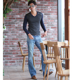 韩国代购男士牛仔喇叭裤春夏新款修身个性外贸原单潮男微喇叭裤薄