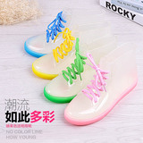 新款韩版短筒时尚雨鞋可爱仿帆布系带女板鞋雨靴水鞋