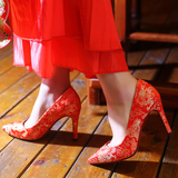 中式秀禾服新娘鞋高跟婚礼红色婚鞋浅口刺绣单鞋子女结婚旗袍鞋子