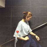 夏装韩国个性袖口不规则绑带T桖女 刺绣字母爱心宽松五分袖体桖衫
