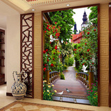 3D大型壁画墙纸沙发客厅影视墙布玄关壁纸花园绿树玫瑰花小桥鸽子
