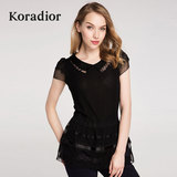 Koradior/珂莱蒂尔正品韩版领蕾丝短袖薄针织衫修身百搭上衣女夏