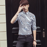 夏季男士休闲条纹短袖五分袖商务衬衫韩版青年修身男装中袖衬衣潮