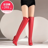 秋冬红色牛皮高跟过膝靴 女 时尚性感尖头女靴细跟长筒靴骑士靴