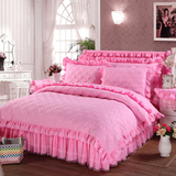 夹棉四件套 床裙式套件蕾丝粉色加厚被套结婚床上用品