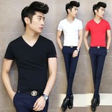 夏季新品男士弹性紧身V领短袖T恤韩版莱卡棉纯色半袖打底衫