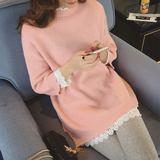 2015秋冬新款韩版粉色中长款宽松显瘦九分袖修身套头针织衫毛衣女