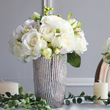 家居装饰仿真花套装 餐桌茶几花艺银色陶瓷花瓶玫瑰绢花绣球假花