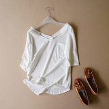 外贸原单女装 2015夏季新款欧美气质蝙蝠袖纯色后V领口袋棉质t恤