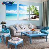 唯美海景装饰画电视背景墙挂画客厅无框画马尔代夫海滩壁画三联画