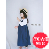 韩国定制 女童工装感蓬蓬背带长裙 卡其 蓝色