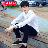 AMH男装韩版2016秋季新款潮流青年条纹印花长袖衬衫男NX5365恊