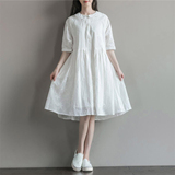 春夏装韩国宽松大码白色刺绣棉布连衣裙中长款长袖娃娃领衬衫裙