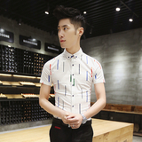 夏季短袖衬衫男韩版修身型时尚小领条纹衬衣发型师潮夜店半袖青年