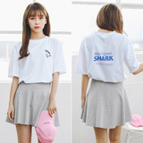 韩国ulzzang学院风鲨鱼刺绣后背印花宽松短袖t恤女装夏季韩范上衣