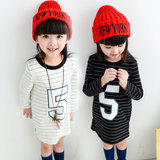 2016新款韩版女童中长款打底衫条纹长袖T恤连衣裙3-4-5-6-7岁春装