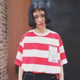 夏季韩国ulzzang原宿条纹中袖体恤宽松显瘦中长款短袖T恤女学生潮