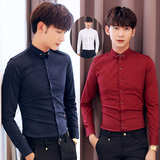 夏季韩版男士长袖衬衫格子修身衬衣男青年紧身学生英伦个性寸衬潮