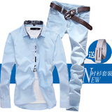 2016春季韩版青少年长袖衬衫男装修身牛仔裤男个性休闲长裤子套装