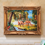 欧式美式壁炉装饰画玄关走廊纯手绘油画过道发财有鹿挂画定制油画