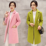 2015冬装新韩版修身粉色中长款毛呢外套 女夹棉加厚大码呢子大衣