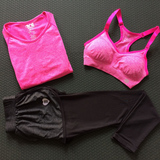 歌媞春夏女运动健身跑步瑜伽服速干T恤防震文胸显瘦束腿三件套装