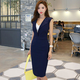 2016夏季新款韩版女装气质修身纽扣无袖背心裙开叉显瘦包臀连衣裙