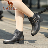 Camel/骆驼女鞋 时尚舒适  擦色牛皮圆头拉链中帮中跟新款女短靴