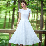 伊绣姿新款蕾丝公主裙夏季气质淑女中长款修身显瘦白色雪纺连衣裙