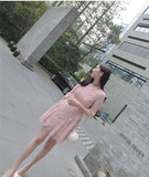韩国夏新款代购镂空粉色蕾丝喇叭袖收腰显瘦修身高腰连衣裙