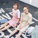 LRUD2016夏季新款韩版纯色口袋学院风背带裙女宽松显瘦连衣裙短裙