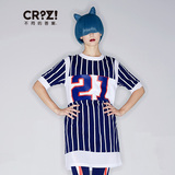 CRZ潮牌WHY2016春季专柜新品运动休闲圆领条纹女连衣裙CDJ1L451