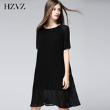 HZVZ2016新款女装欧美简约宽松短袖褶皱时尚中长款黑色连衣裙夏装