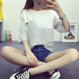 短袖女t恤夏装新款韩版学生宽松简约拼接口袋七分袖上衣打底衫潮