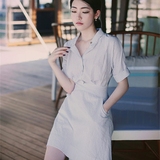 韩国milkcocoa2016夏季新款通勤小香风翻领衬衫式条纹舒适连衣裙
