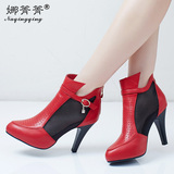 品牌秋款网纱红色细跟高跟尖头时尚性感防水台单鞋女靴短靴小码34